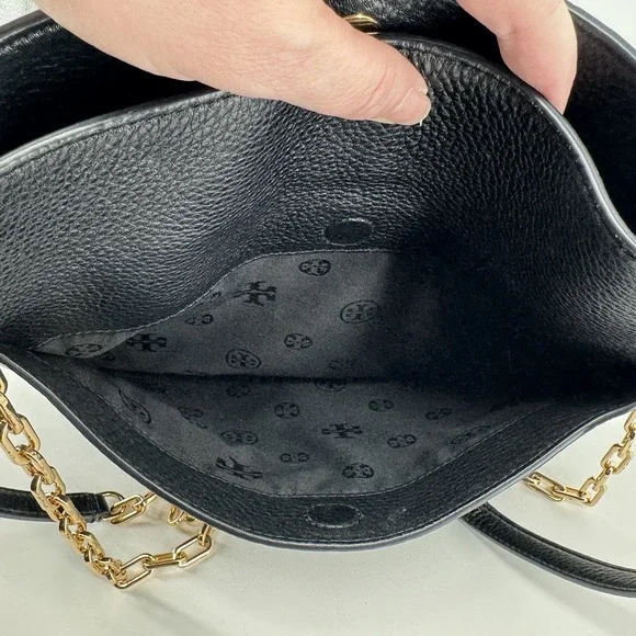 Tory Burch Black Pebbled Leather Tote Gold Chain Strap Shoulder Bag Classic Chic - Picture 8 of 14